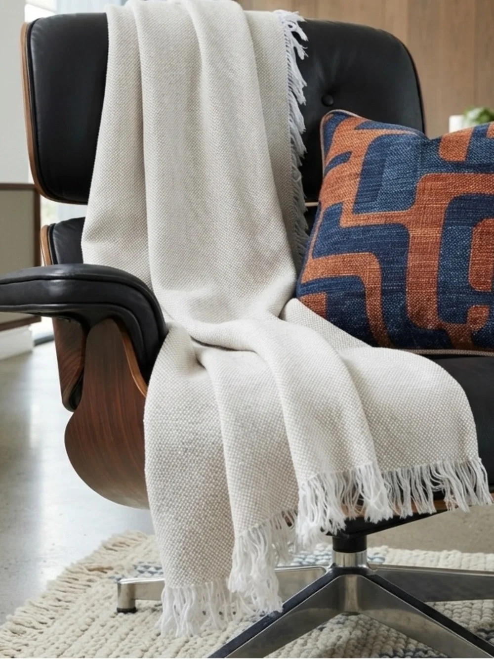 SFERRA Luxury 100% Cotton Textured Throw 50x60 Made in Portugal Neutral Fringe
